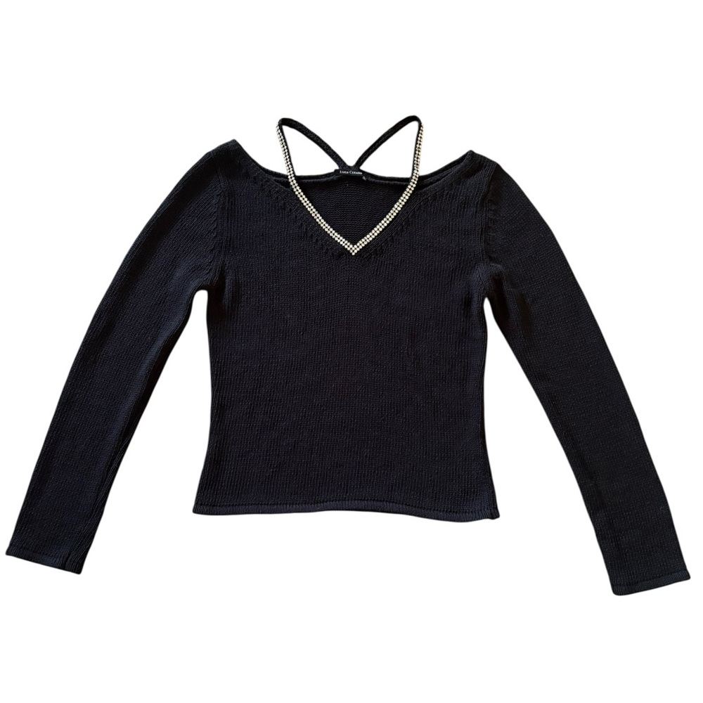 Luisa Cerano V-Neck Black Knit Top Rhinestone Straps Small